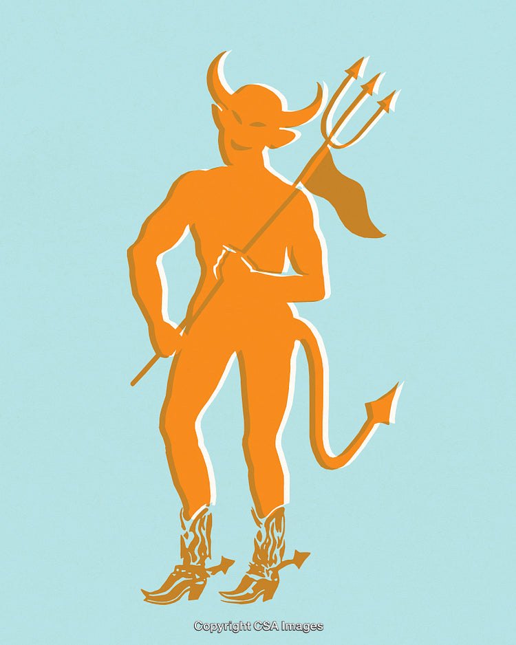 Playful Illustration of a Devil Figurine with Fork and Boots