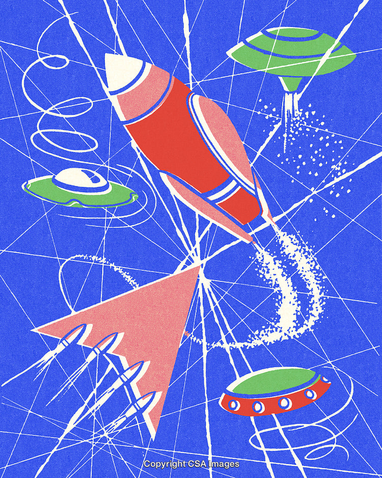Futuristic Space Scene Featuring Rocketships and Flying Saucers in Vibrant Colors
