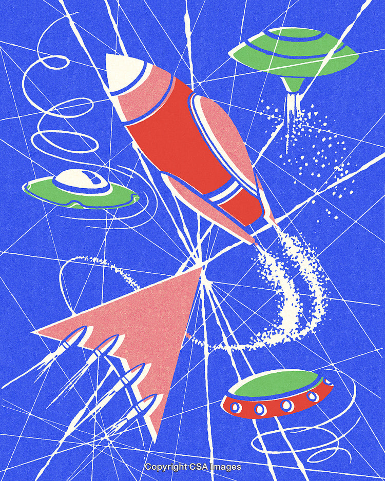 Futuristic Space Scene Featuring Rocketships and Flying Saucers in Vibrant Colors