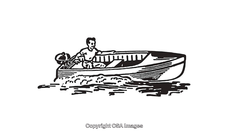 Vintage Line Art Illustration of a Man Rowing a Wooden Boat