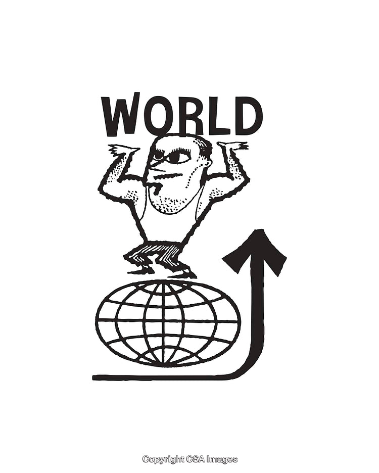 Black and White Drawing of Person Holding the World and Arrow