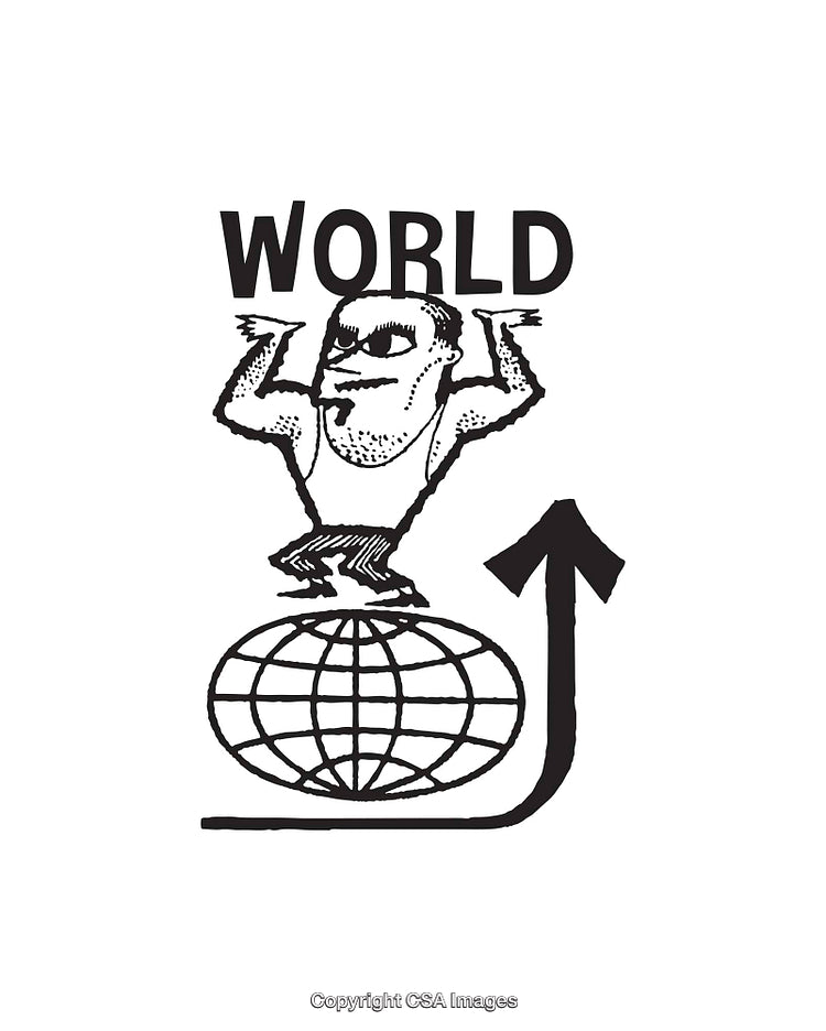 Black and White Drawing of Person Holding the World and Arrow