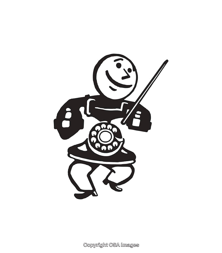 Creative Black and White Illustration of Whimsical Character with Rotary Telephone