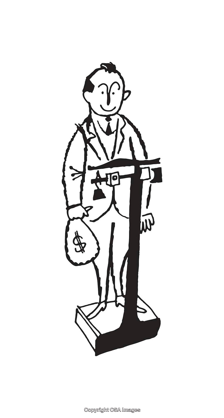 Black and White Illustration of Businessman Carrying a Money Bag While Weighing