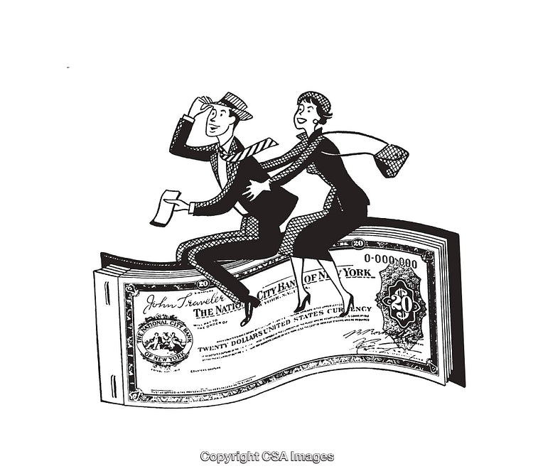 Retro Black and White Illustration of a Couple Riding a Banknote