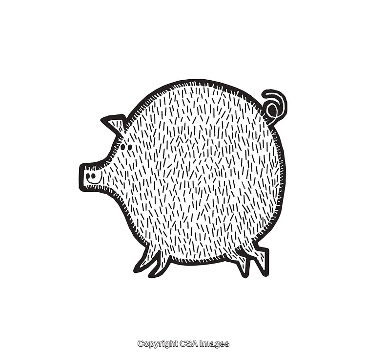 Black and White Line Art Illustration of a Comical Cartoon Pig