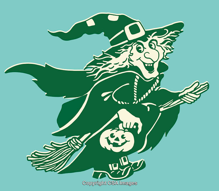 Vintage Illustration of a Witch Flying With a Pumpkin Basket