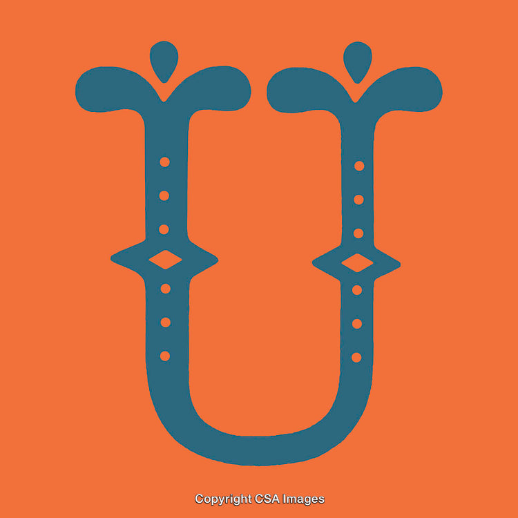 Stylized Decorative Letter U Design in Bold Blue on Orange Background