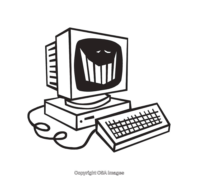 Retro Computer Illustration with Facial Expression on Screen, Black and White Design