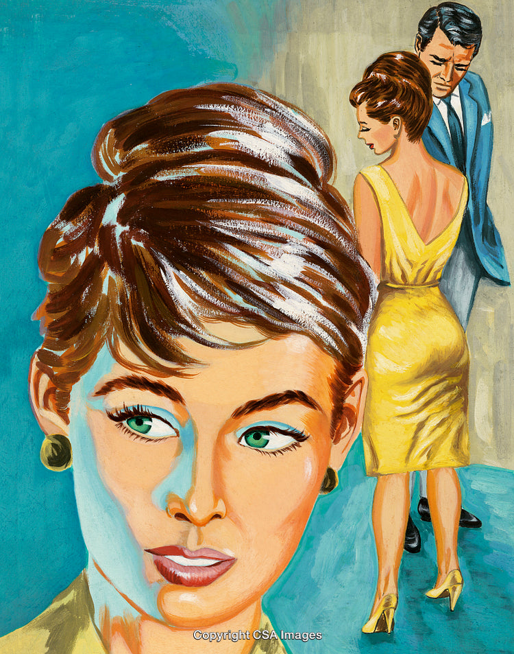 Vintage Illustration Depicting a Woman Observing a Couple in a Tense Scene