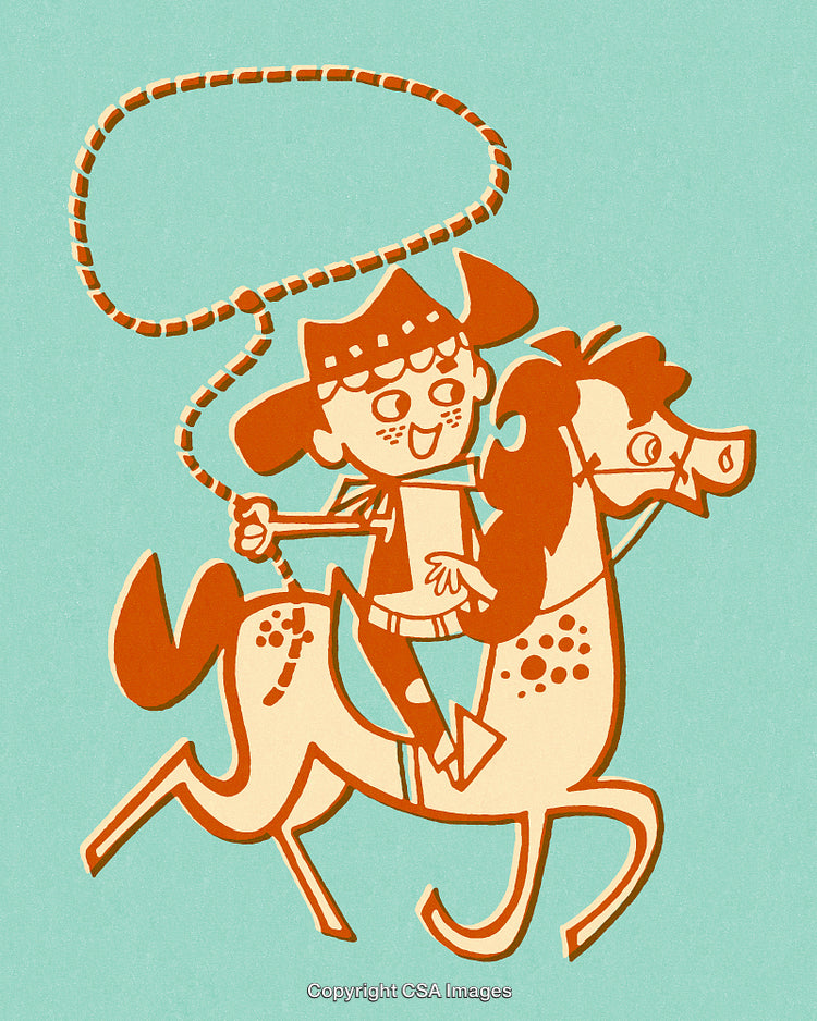Child Riding a Toy Horse in Retro Cowboy Attire Holding a Lasso