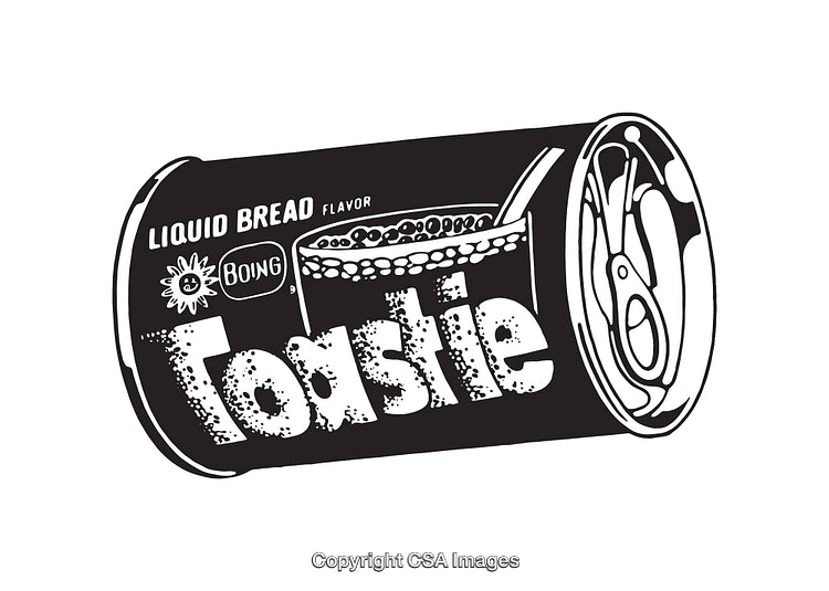 Black and White Line Art Illustration of Retro Beverage Can with Unique Labeling