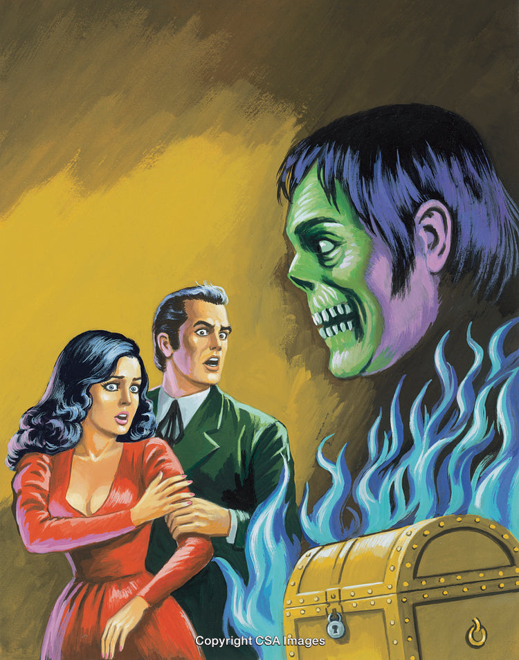 Vintage Horror Painting Featuring Scared Couple and Floating Green Skull
