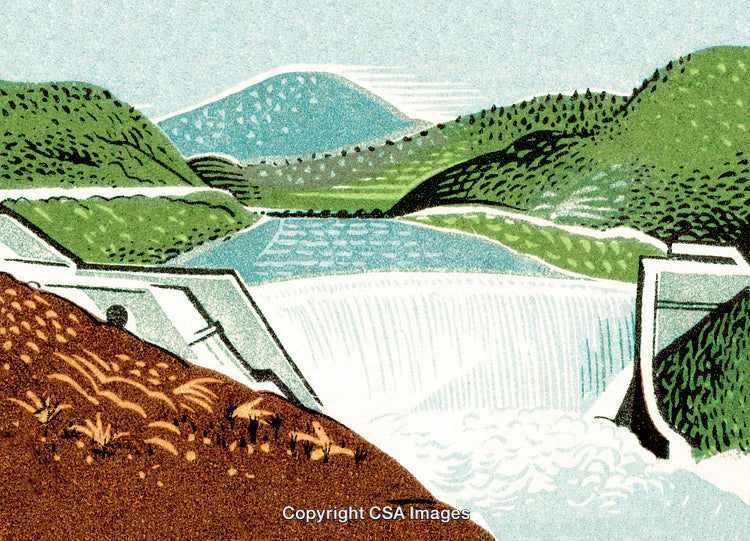 Illustrated Scenic River Dam with Flowing Water and Hills in Nature
