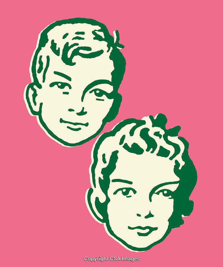 Retro Styled Portrait Line Art of Two Male Faces on a Pink Background