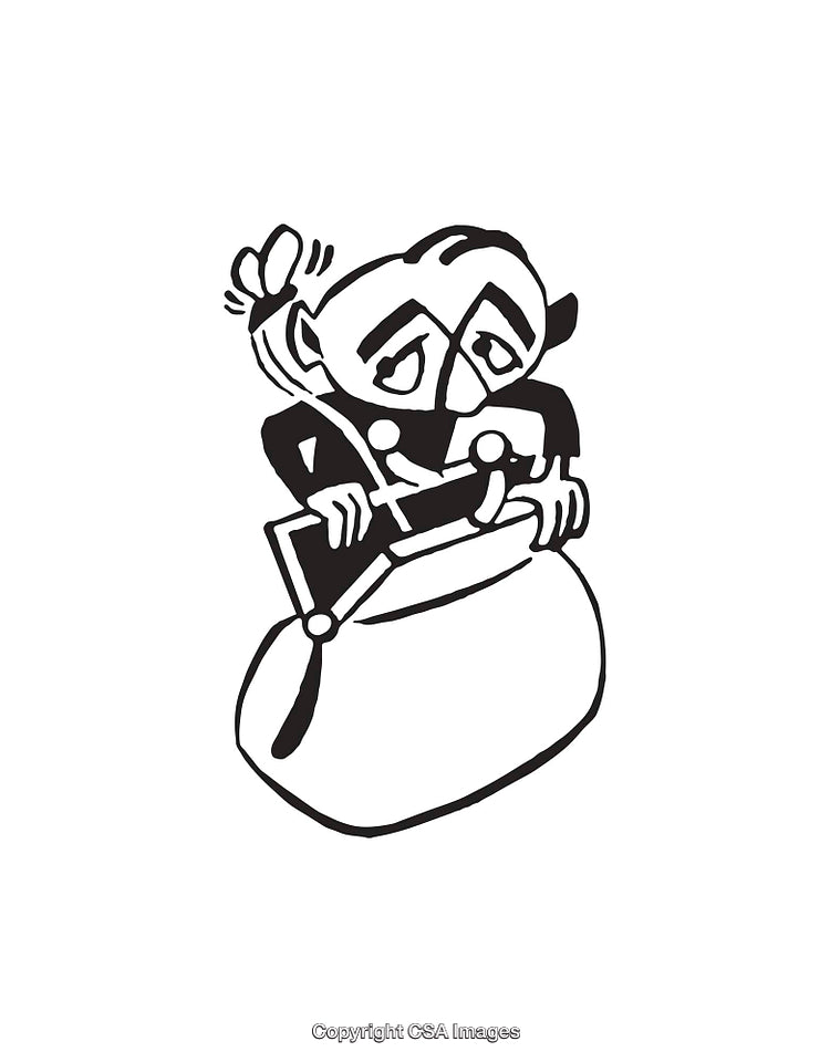 Black and White Illustration of Character With a Large Bag