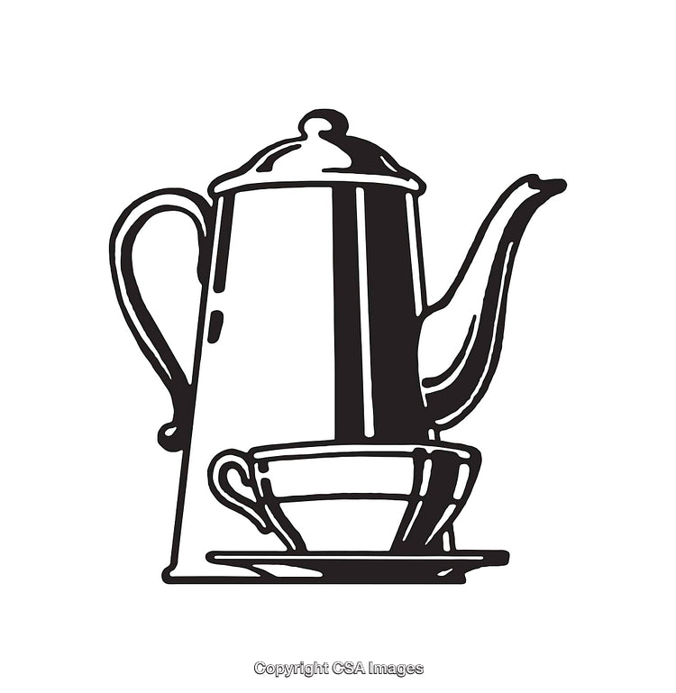 Vintage Black And White Line Art of a Teapot And Teacup
