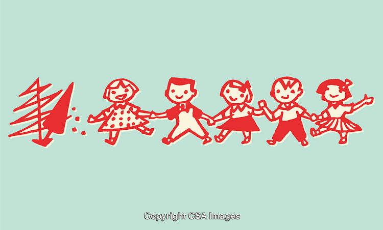 Colorful Line Art of Happy Children Holding Hands in a Joyful Circle