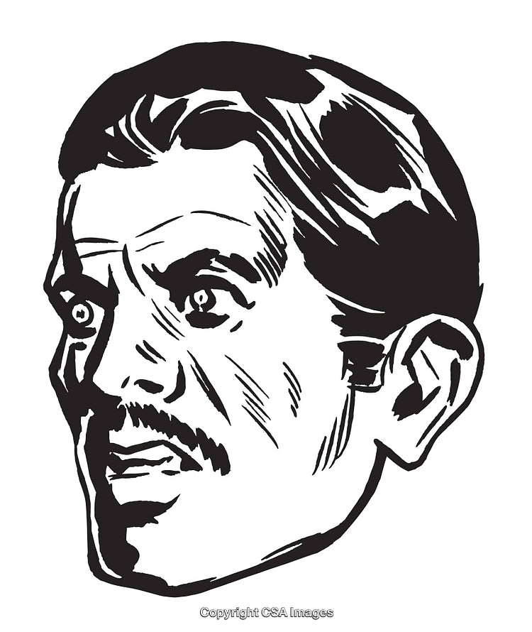 Retro Style Black and White Illustrated Male Face with Expressive Features