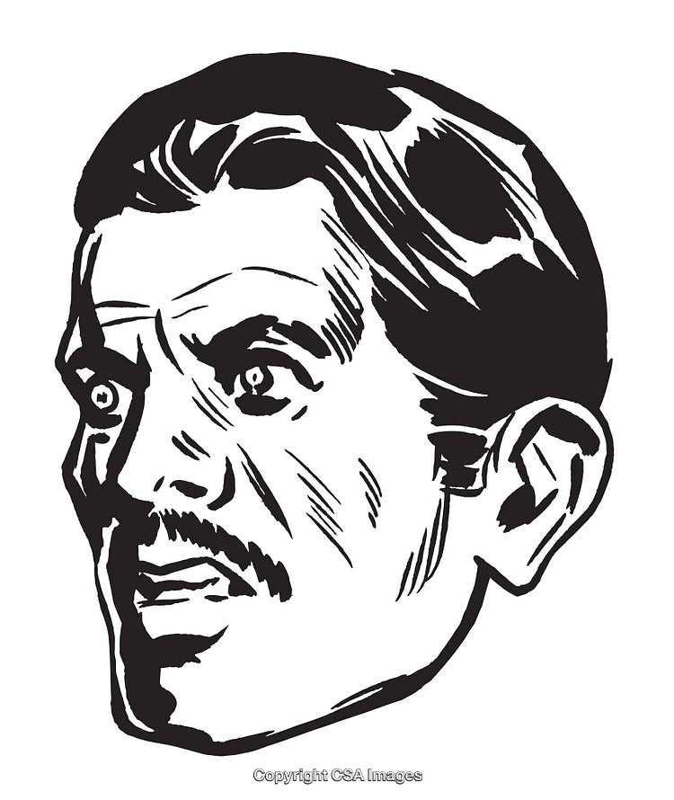 Retro Style Black and White Illustrated Male Face with Expressive Features
