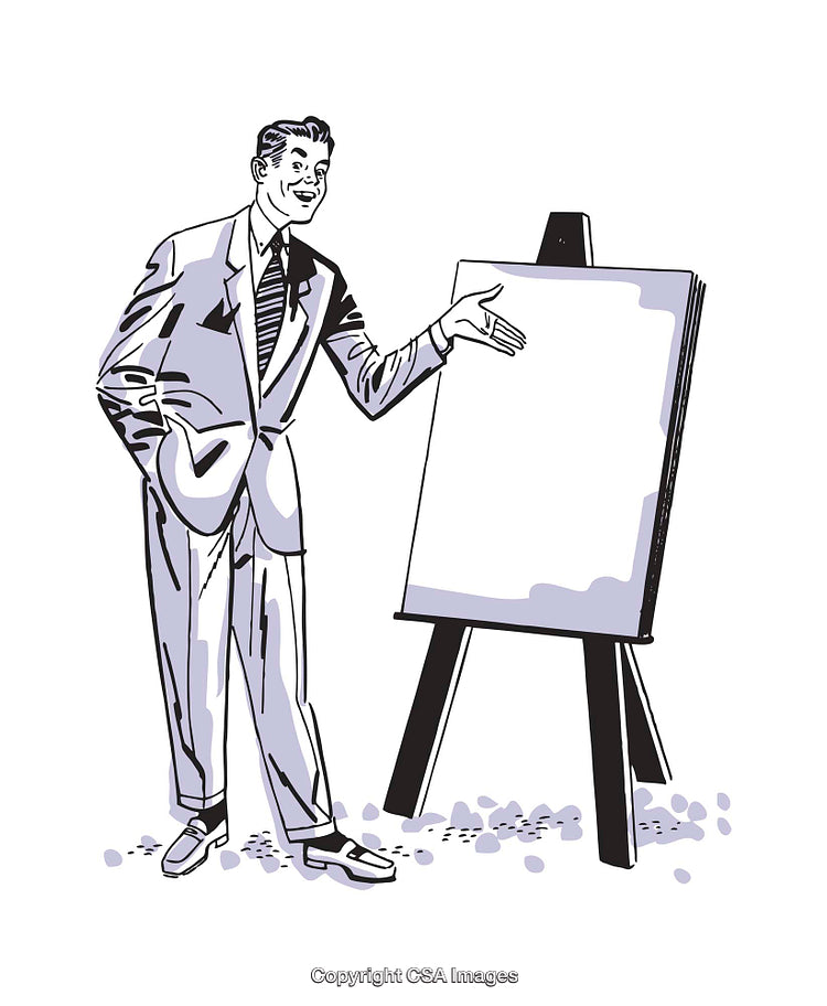 Retro Businessman Presenting with Easel and Blank Canvas in Vintage Style