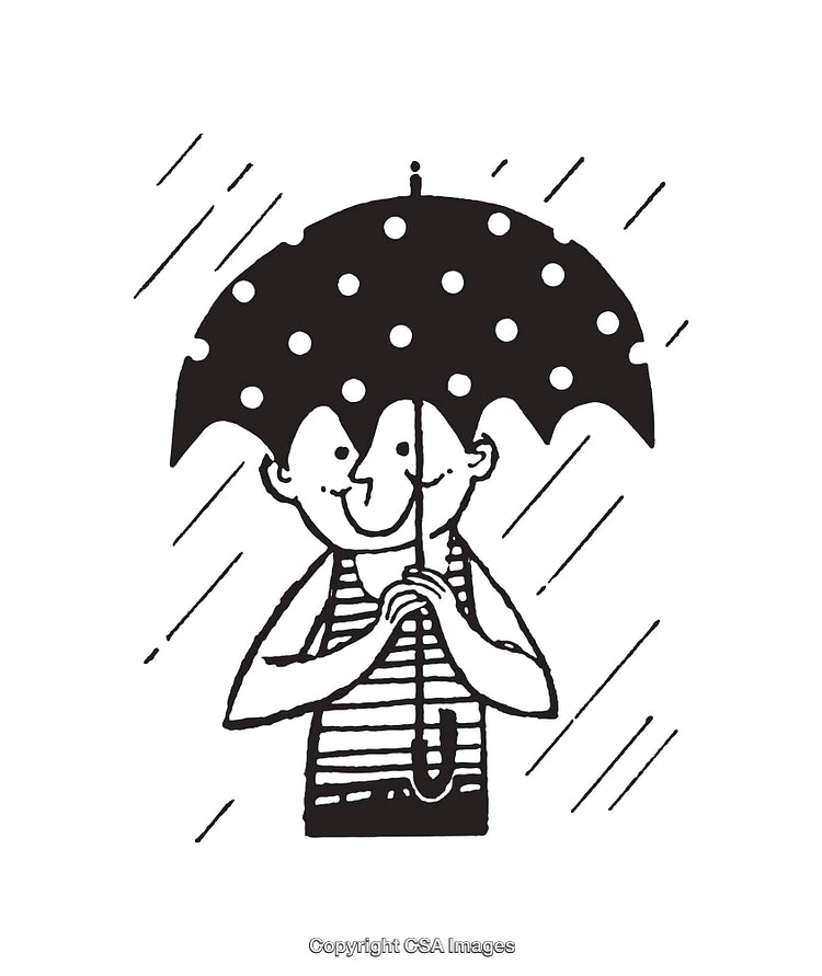 Cartoon Illustration of Smiling Person Holding Polka-Dot Umbrella in the Rain
