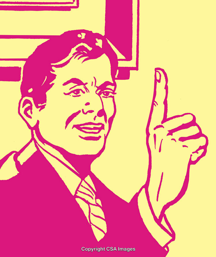 Retro Pop Art Design of a Smiling Businessman Pointing Upwards