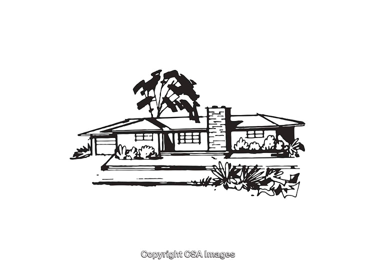 Black and White Illustration of a Suburban Bungalow with Trees and Bushes