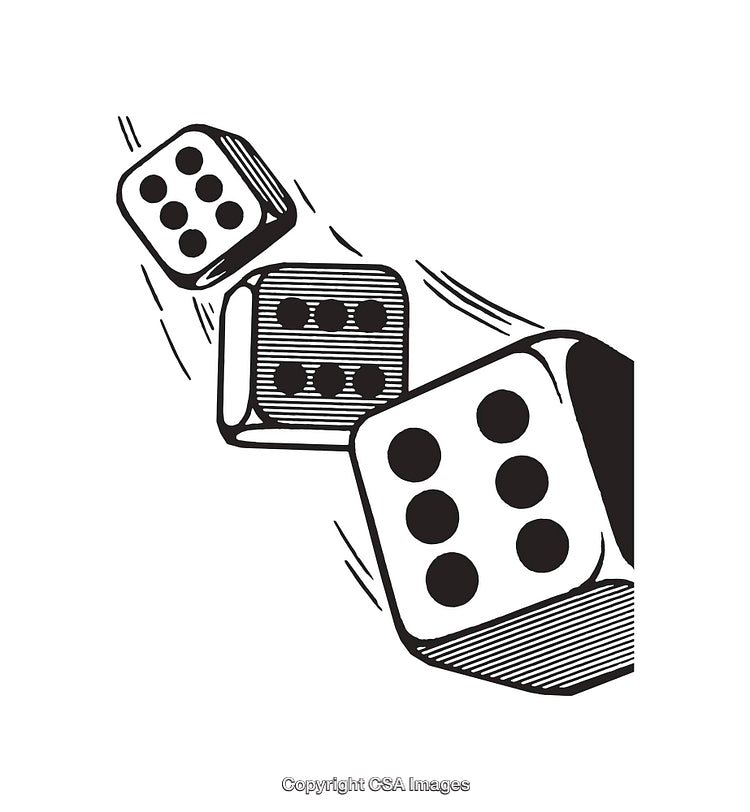 Retro Illustration of Rolling Dice in Black and White Line Art Style