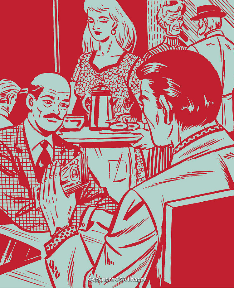 Retro Styled Restaurant Scene With Diners and Waitress in Red-Toned Illustration