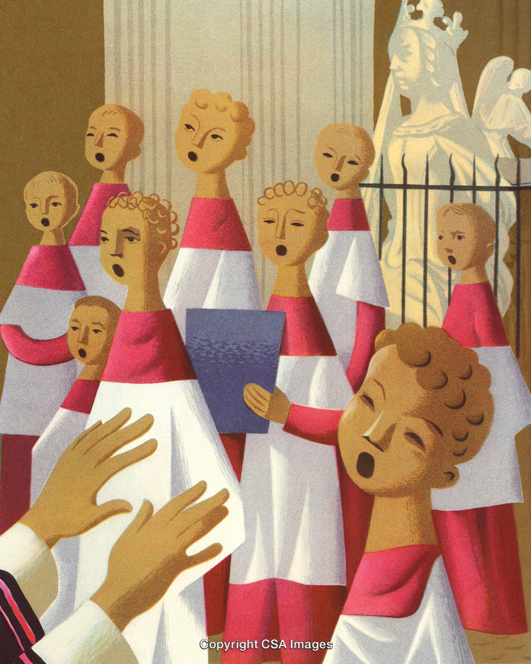 Choir Singing Enthusiastically in Front of Religious Statue During Ceremony