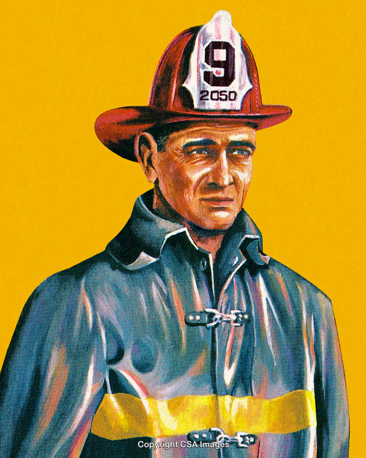 Vintage Firefighter Portrait with a 9-Branded Helmet on Yellow Background