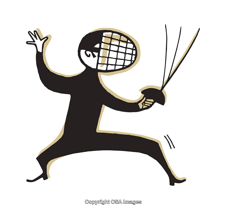 Cartoon Illustration of a Fencer Ready in Action Pose