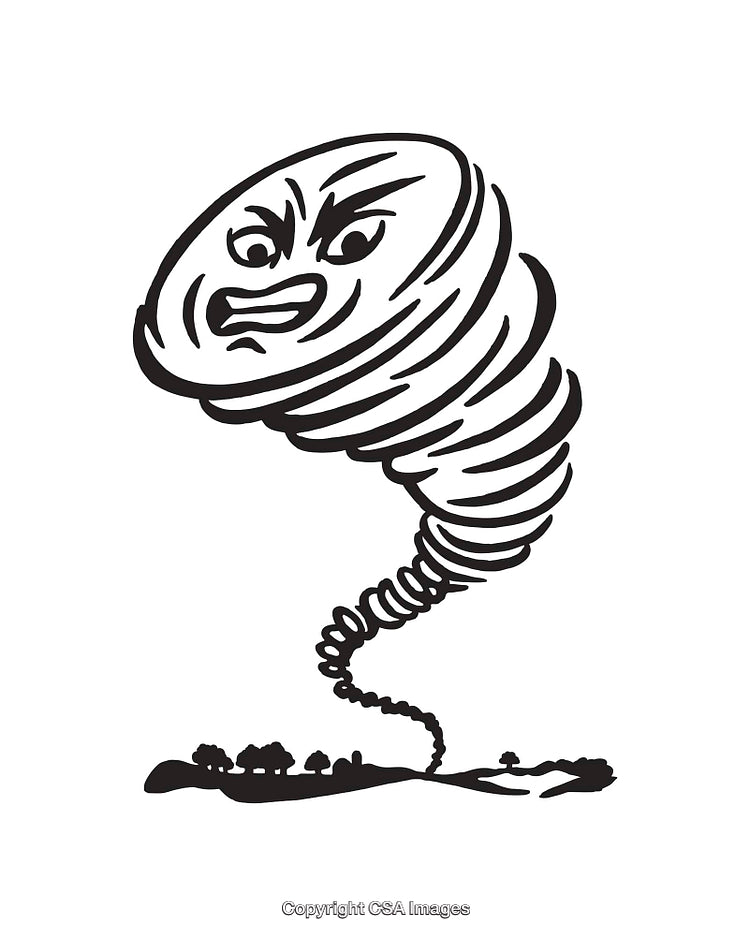 Cartoon Tornado with a Face Surging Across a Rural Landscape