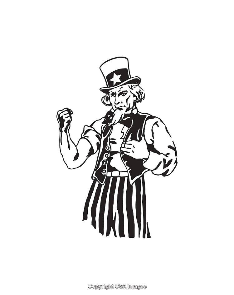 Black and White Line Art of a Patriotic Uncle Sam Illustration