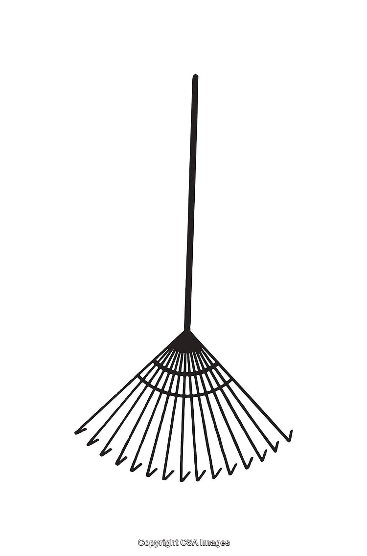Black and White Line Drawing of a Garden Rake Tool