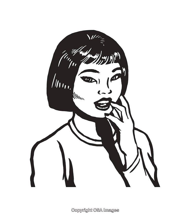 Black and White Line Art Illustration of a Woman in Thoughtful Pose