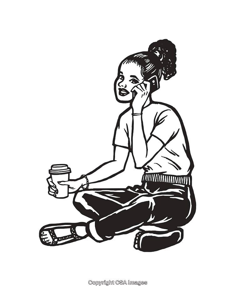 Black And White Line Art of Woman Sitting and Talking on Phone