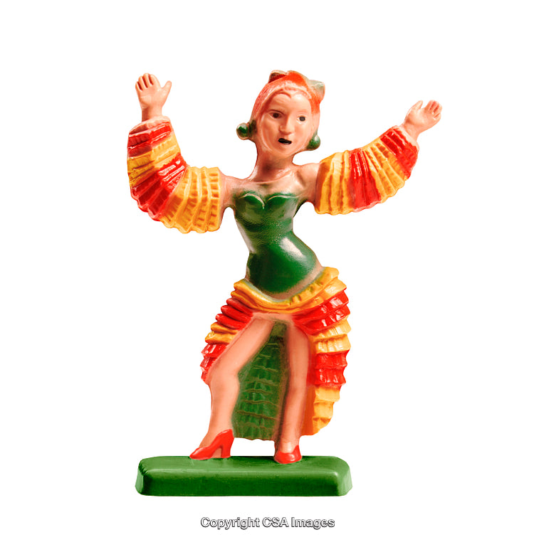 Colorful Plastic Figurine of a Dancing Woman in Vibrant Costume