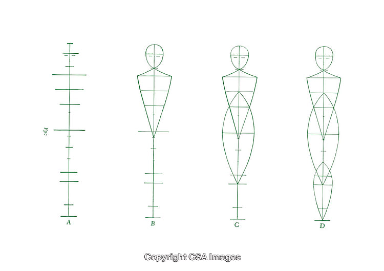 Technical Diagrams Showcasing Human Proportions and Geometric Figure Development