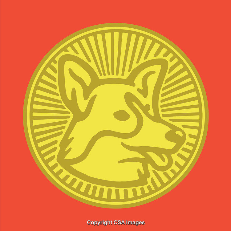 Stylized Line Art of Dog Faces on a Sunburst Medallion