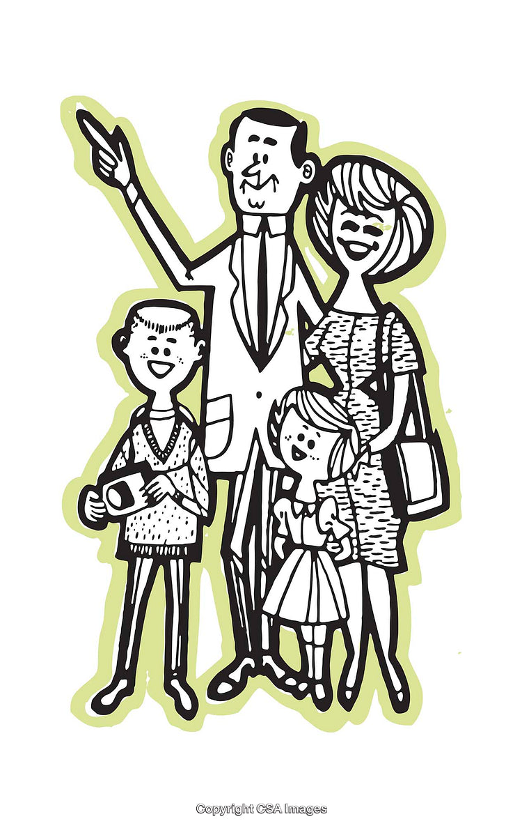 Cartoon Illustration of a Smiling Family Posing Together Happily
