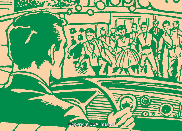 Retro-Style Illustration of Driver Viewing a Dance Party Scene