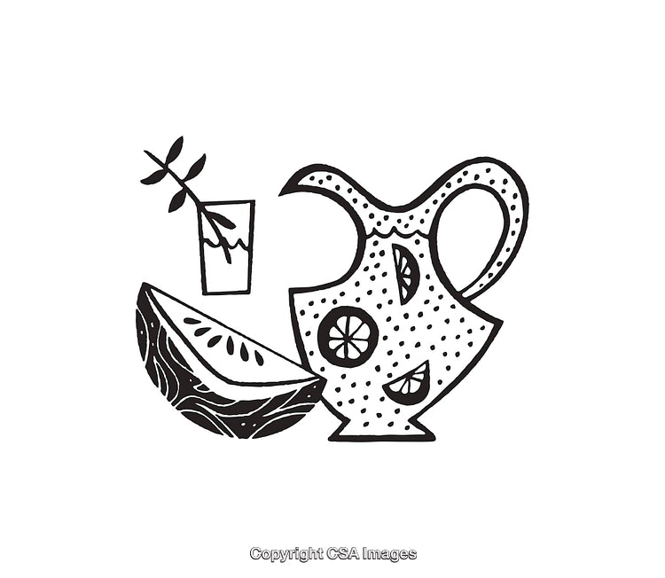 Black and White Line Art Illustration of Fruit and Jug Still Life