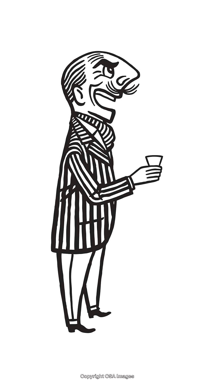 Black and White Cartoon of Man Holding a Drink in Line Art Style