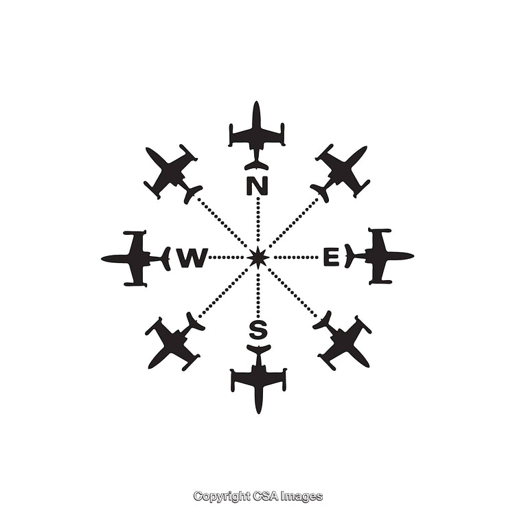 Directional Airplane Compass Design Featuring Aircraft Silhouettes