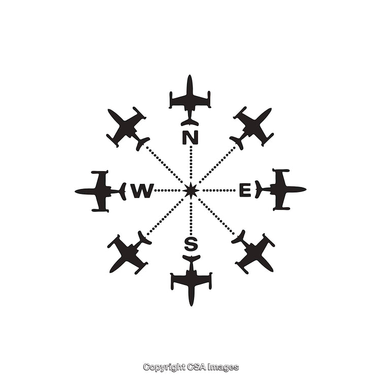 Directional Airplane Compass Design Featuring Aircraft Silhouettes