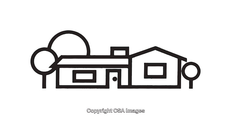 Black and White Line Art Illustration of a House with Trees