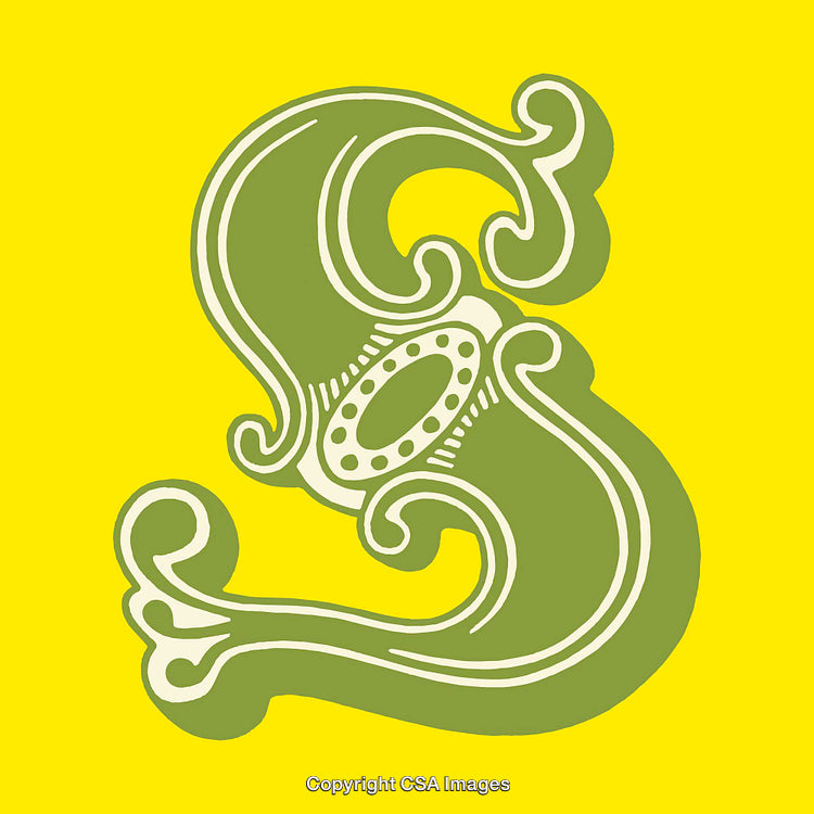 Ornate Green Letter S on Vibrant Yellow Background
