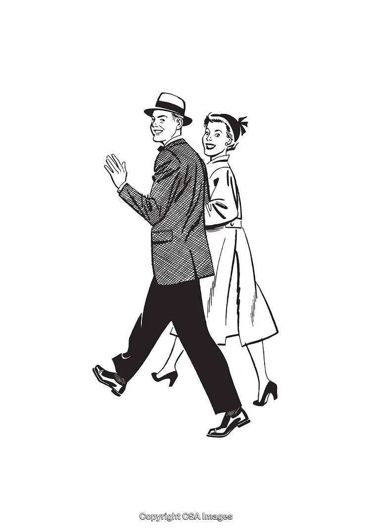 Retro Black and White Illustration of a Couple Strolling Together